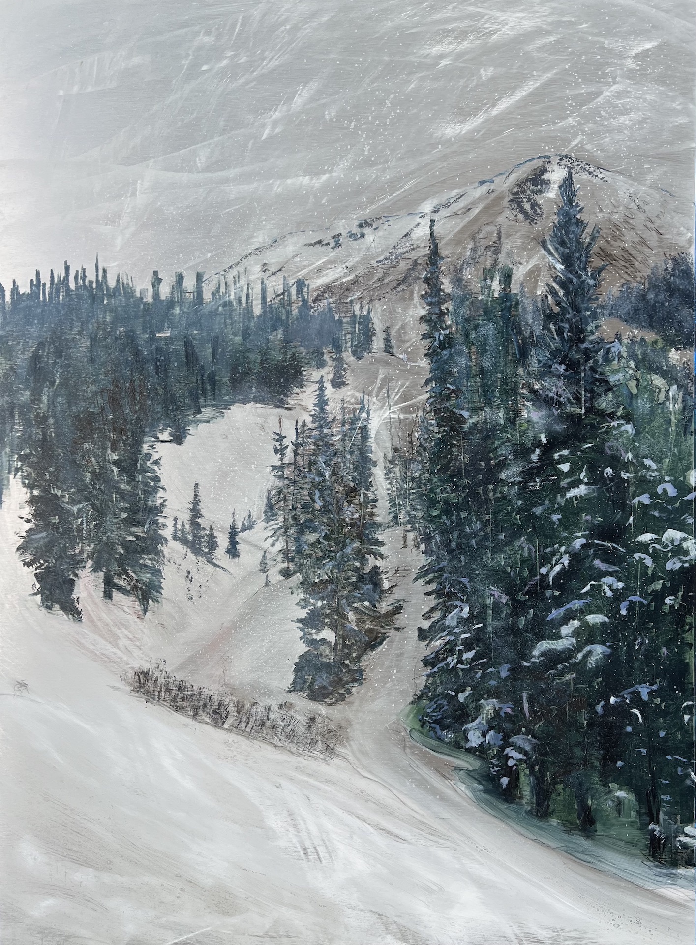 A contemporary mountain oil painting on metal panel by artist Cynthia McLoughlin of the Wasatch Mountains.
