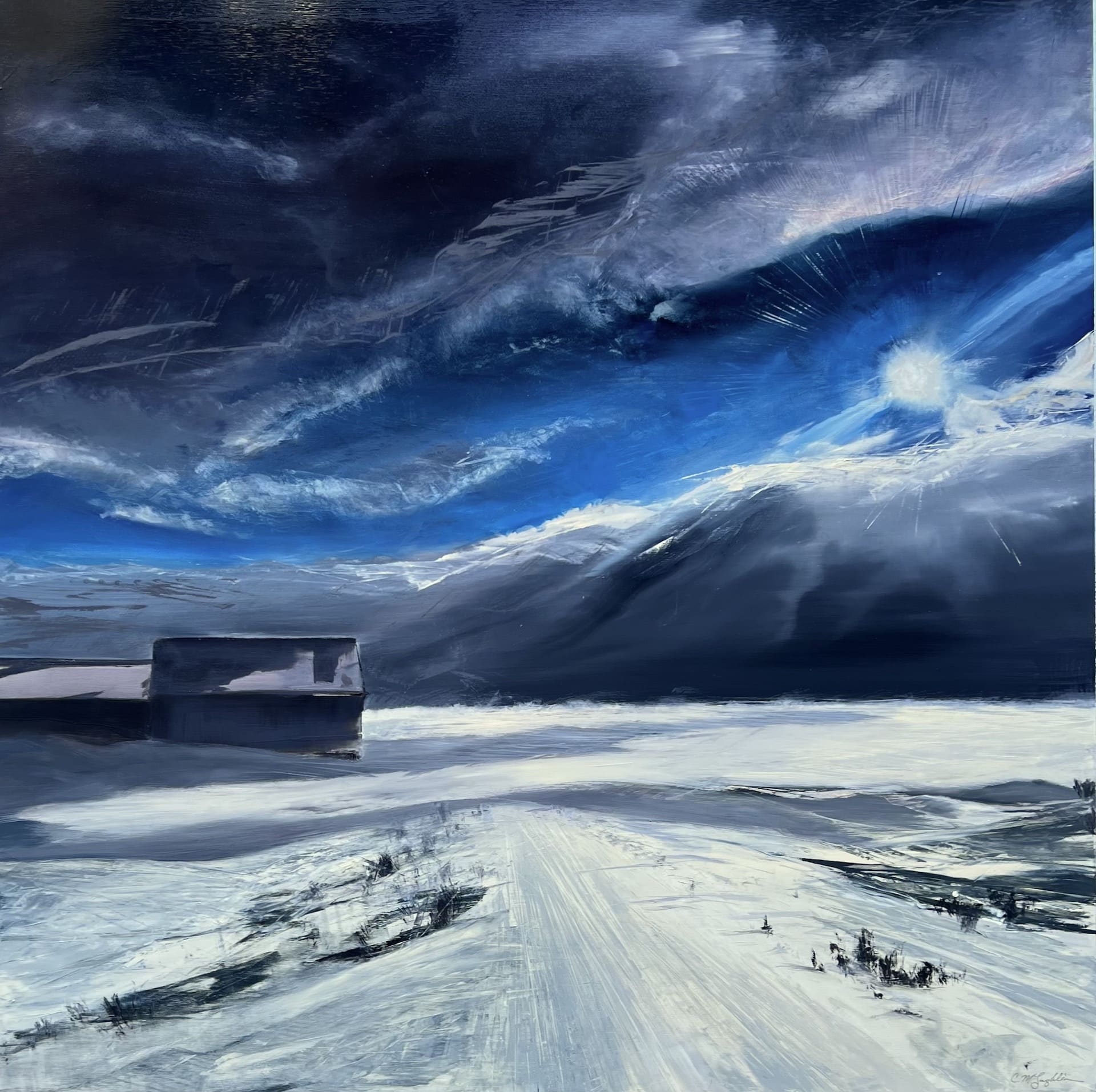 A contemporary oil painting on metal panel depicting the sun breaking through dark storm clouds, illuminating the snowy fields by artist Cynthia McLoughlin.