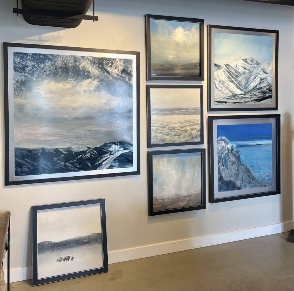Summit Gallery wall of contemporary landscape oil paintings on metal panels by artist Cynthia McLoughlin.