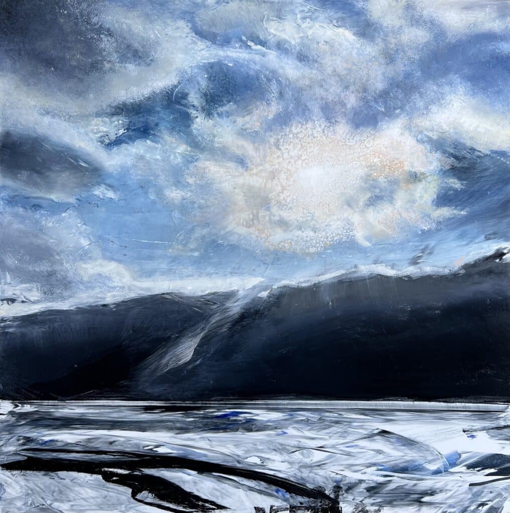 A contemporary winter storm oil painting, on metal panel by artist Cynthia McLoughlin