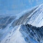 Left panel of a pair of contemporary mountain oil paintings, diptych, on metal panels by artist Cynthia McLoughlin of the iconic ridgeline at Snowbird in the Wasatch Mountains.
