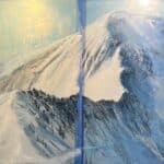 A pair of contemporary mountain oil paintings on metal panels by artist Cynthia McLoughlin of the iconic ridgeline at Snowbird in the Wasatch Mountains.