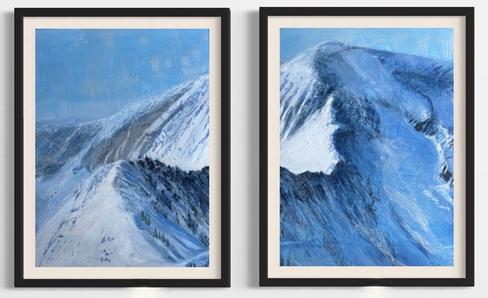 A pair of contemporary mountain oil paintings on metal panels by artist Cynthia McLoughlin of the iconic ridgeline at Snowbird in the Wasatch Mountains.