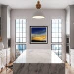 A contemporary mountain oil painting on metal panel, in a room, by artist Cynthia McLoughlin