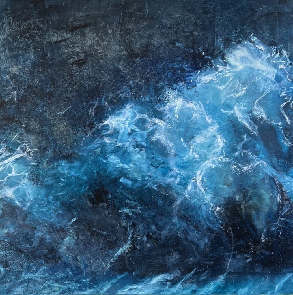 A contemporary abstract ocean oil painting on metal panel by artist Cynthia McLoughlin