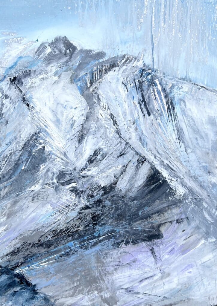 A contemporary mountain oil painting on metal panel by artist Cynthia McLoughlin