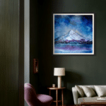 A contemporary mountain oil painting on metal panel by artist Cynthia McLoughlin