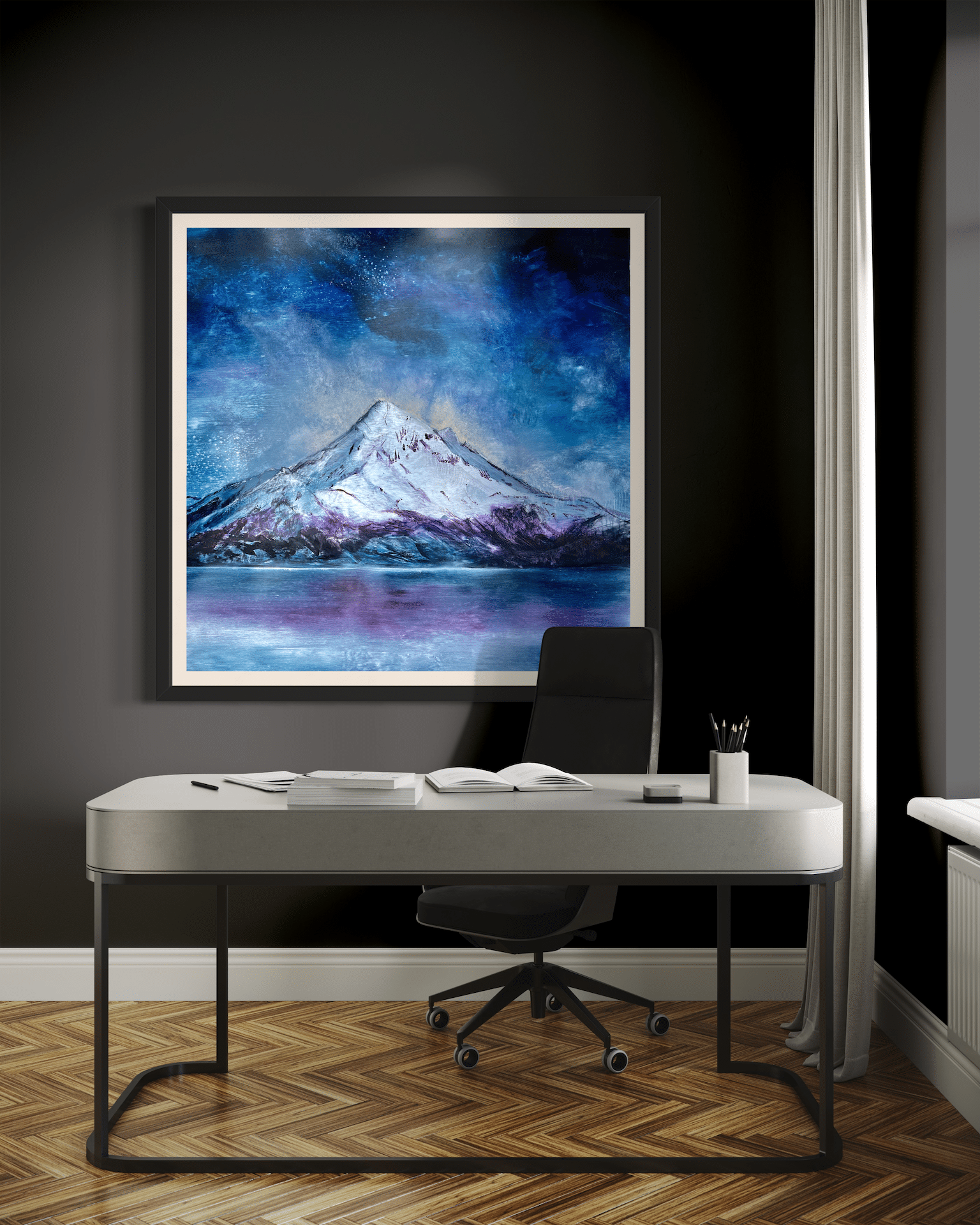 A contemporary mountain oil painting on metal panel by artist Cynthia McLoughlin