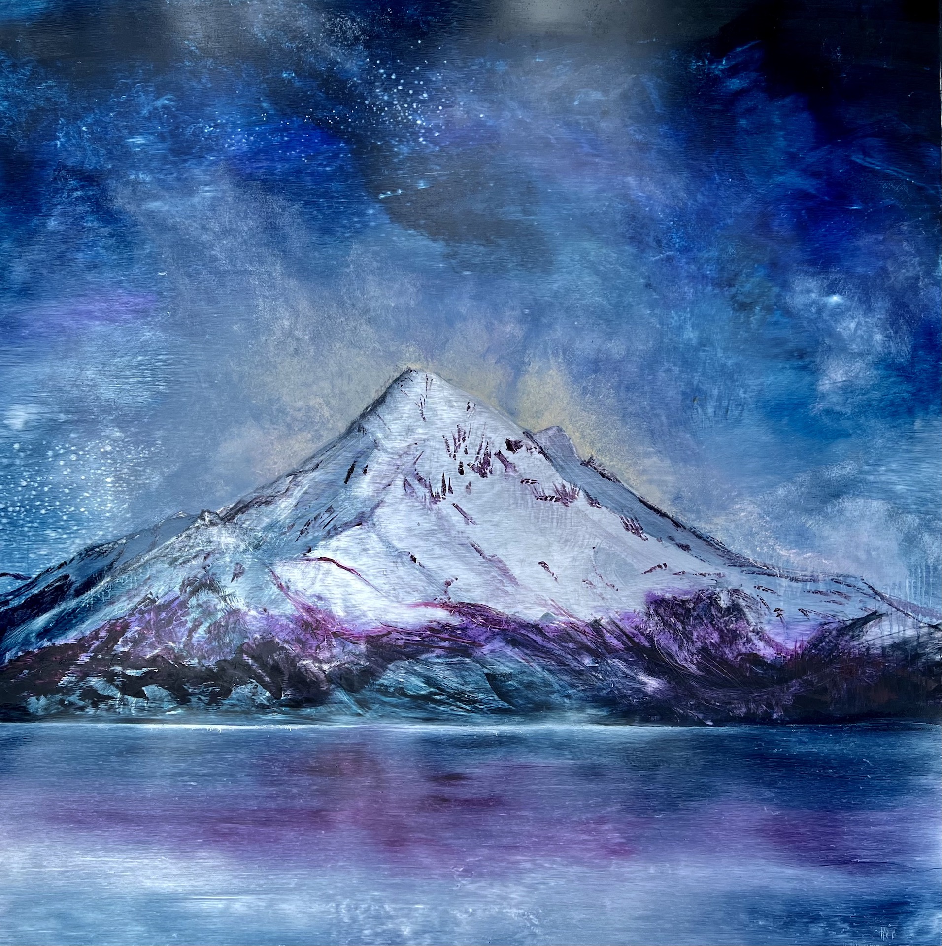 A contemporary mountain oil painting on metal panel by artist Cynthia McLoughlin