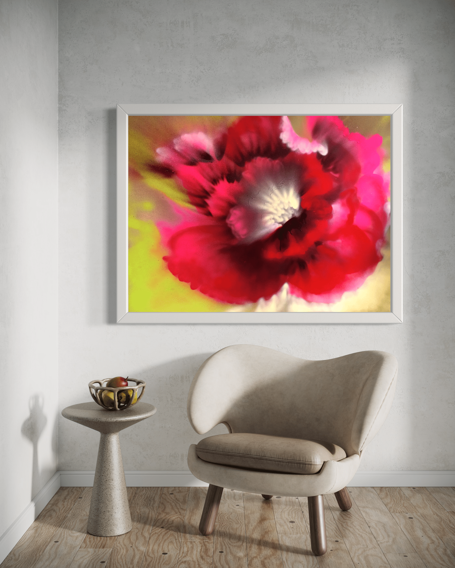 A contemporary abstract floral acrylic spray painting on metal panel by artist Cynthia McLoughlin