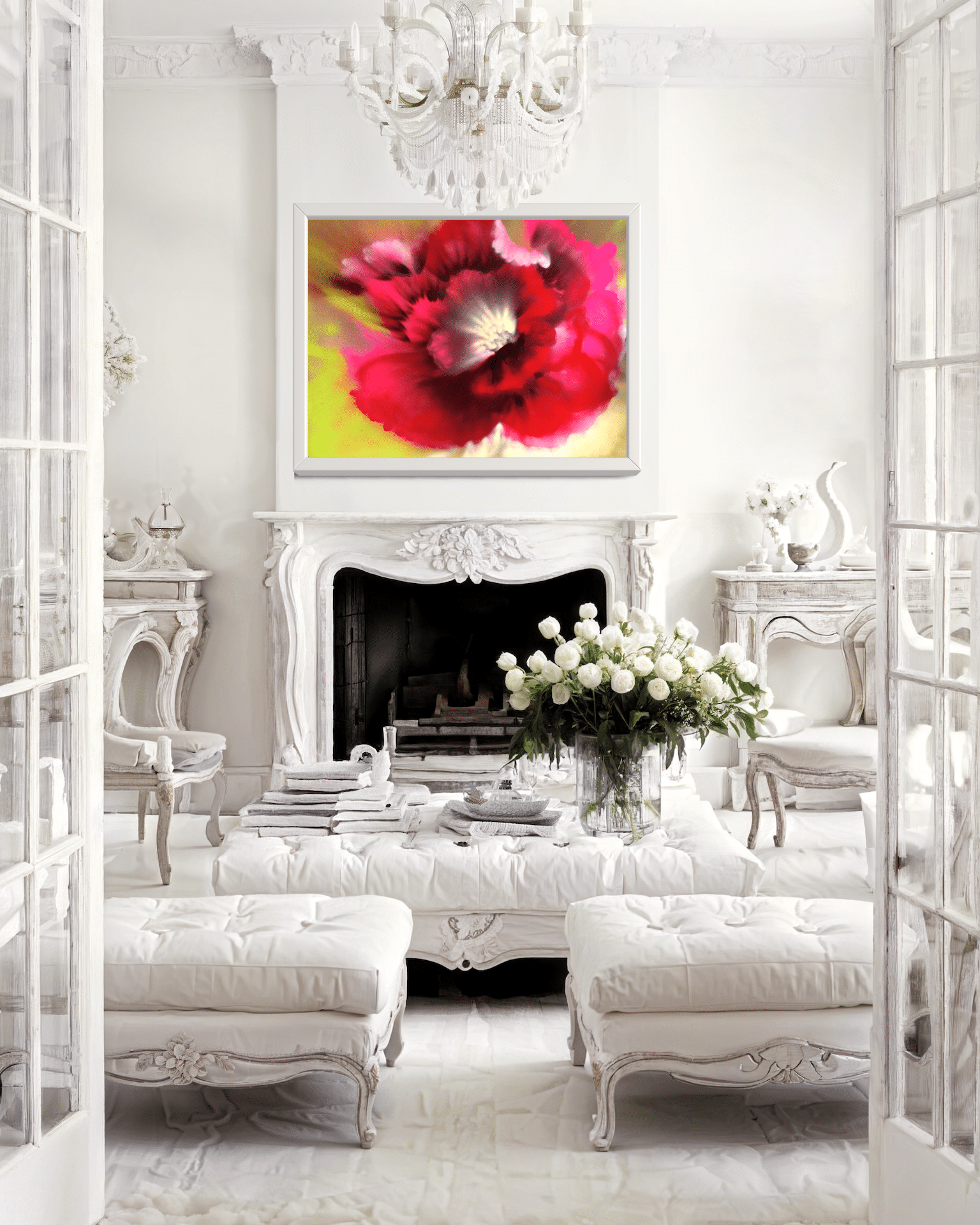 A contemporary abstract floral acrylic spray painting on metal panel by artist Cynthia McLoughlin