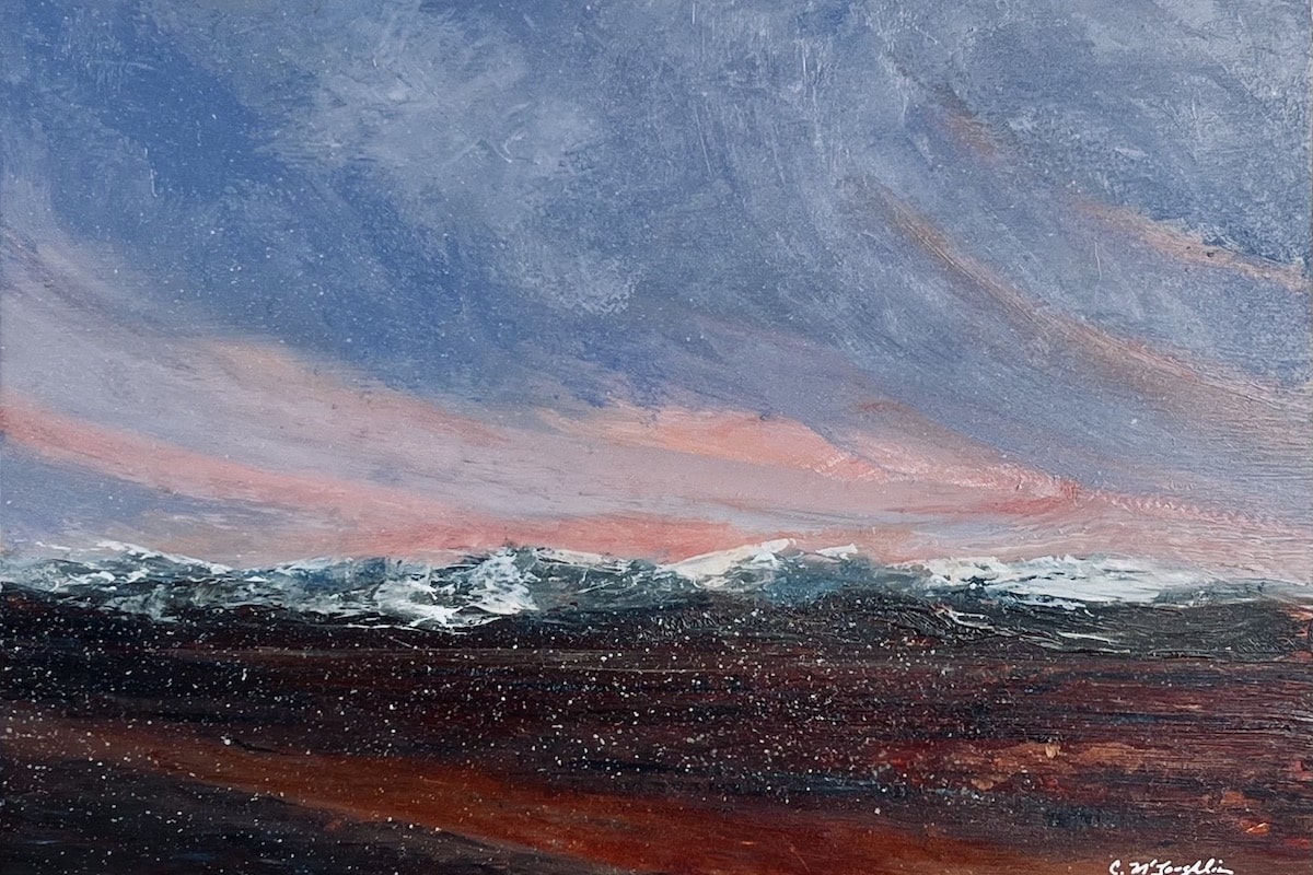 A contemporary mountain oil painting on metal panel by artist Cynthia McLoughlin.