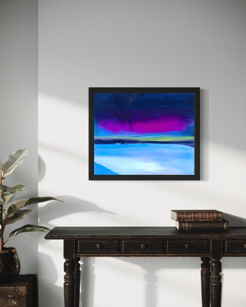 A contemporary abstract landscape oil painting on metal panel by artist Cynthia McLoughlin