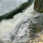 A contemporary waterfall oil painting on metal panel by artist Cynthia McLoughlin.