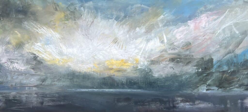 A contemporary storm oil painting on metal panel by artist Cynthia McLoughlin