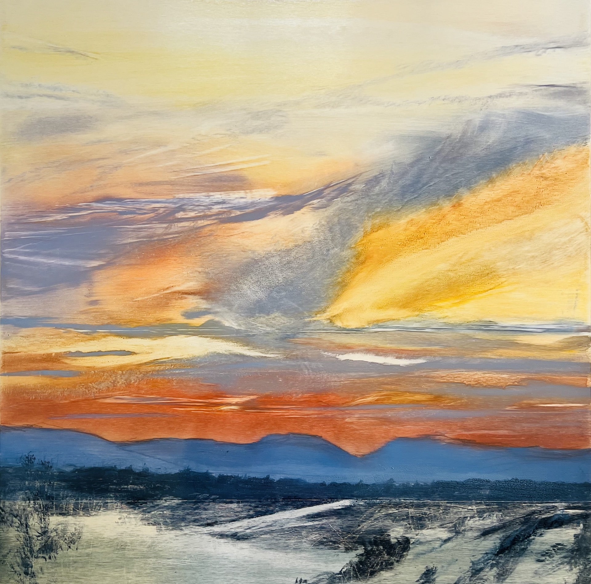 A contemporary mountain/sunset oil painting on metal panel by artist Cynthia McLoughlin