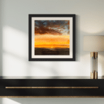 A contemporary storm/sunset oil painting on metal panel by artist Cynthia McLoughlin