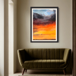 A contemporary mountain/sunset oil painting on metal panel by artist Cynthia McLoughlin