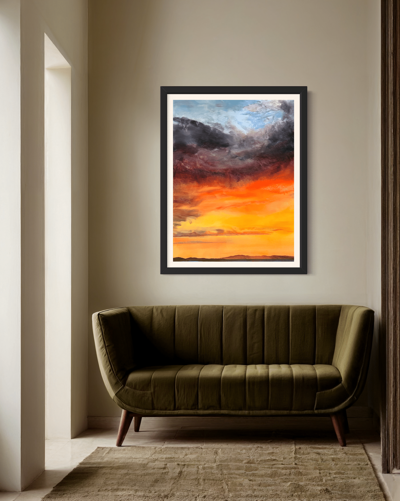 A contemporary mountain/sunset oil painting on metal panel by artist Cynthia McLoughlin