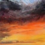A contemporary mountain/sunset oil painting on metal panel by artist Cynthia McLoughlin