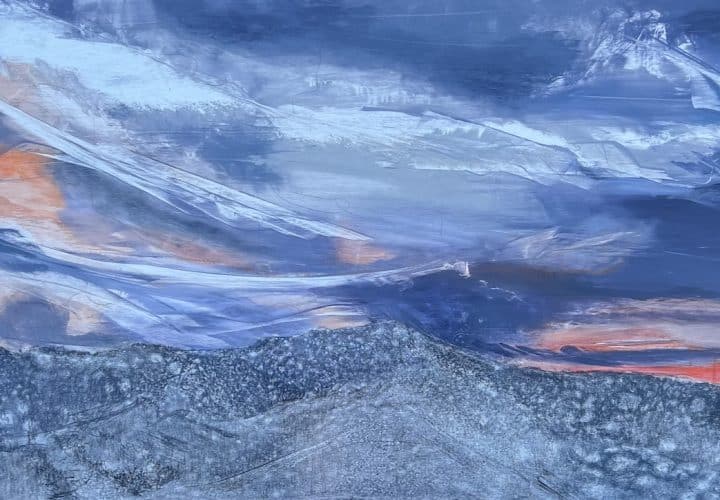 A contemporary mountain/sunset oil painting on metal panel by artist Cynthia McLoughlin