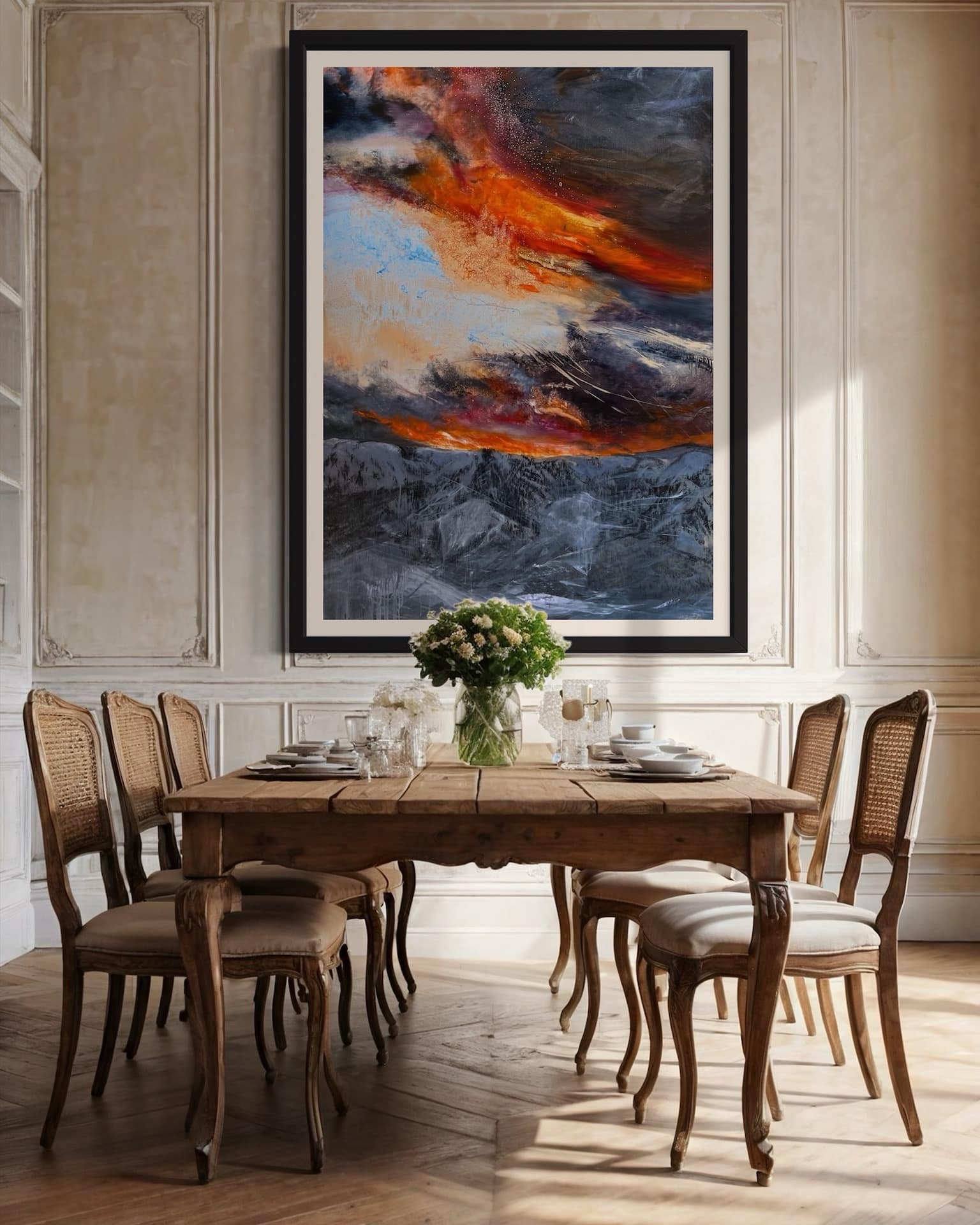 A contemporary mountain/sunset oil painting on metal panel by artist Cynthia McLoughlin