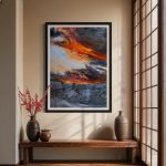 A contemporary mountain/sunset oil painting on metal panel by artist Cynthia McLoughlin