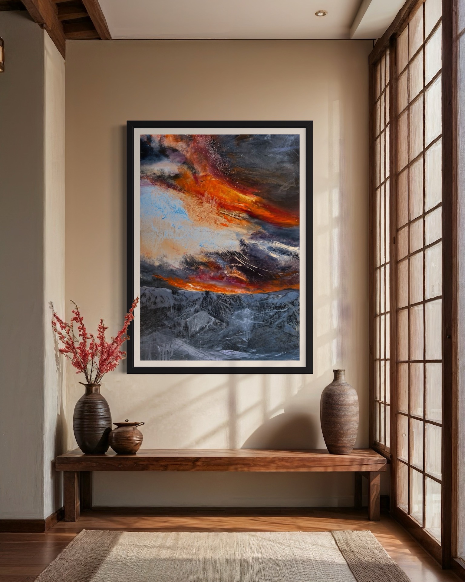 A contemporary mountain/sunset oil painting on metal panel by artist Cynthia McLoughlin