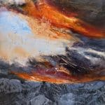 A contemporary mountain/sunset oil painting on metal panel by artist Cynthia McLoughlin