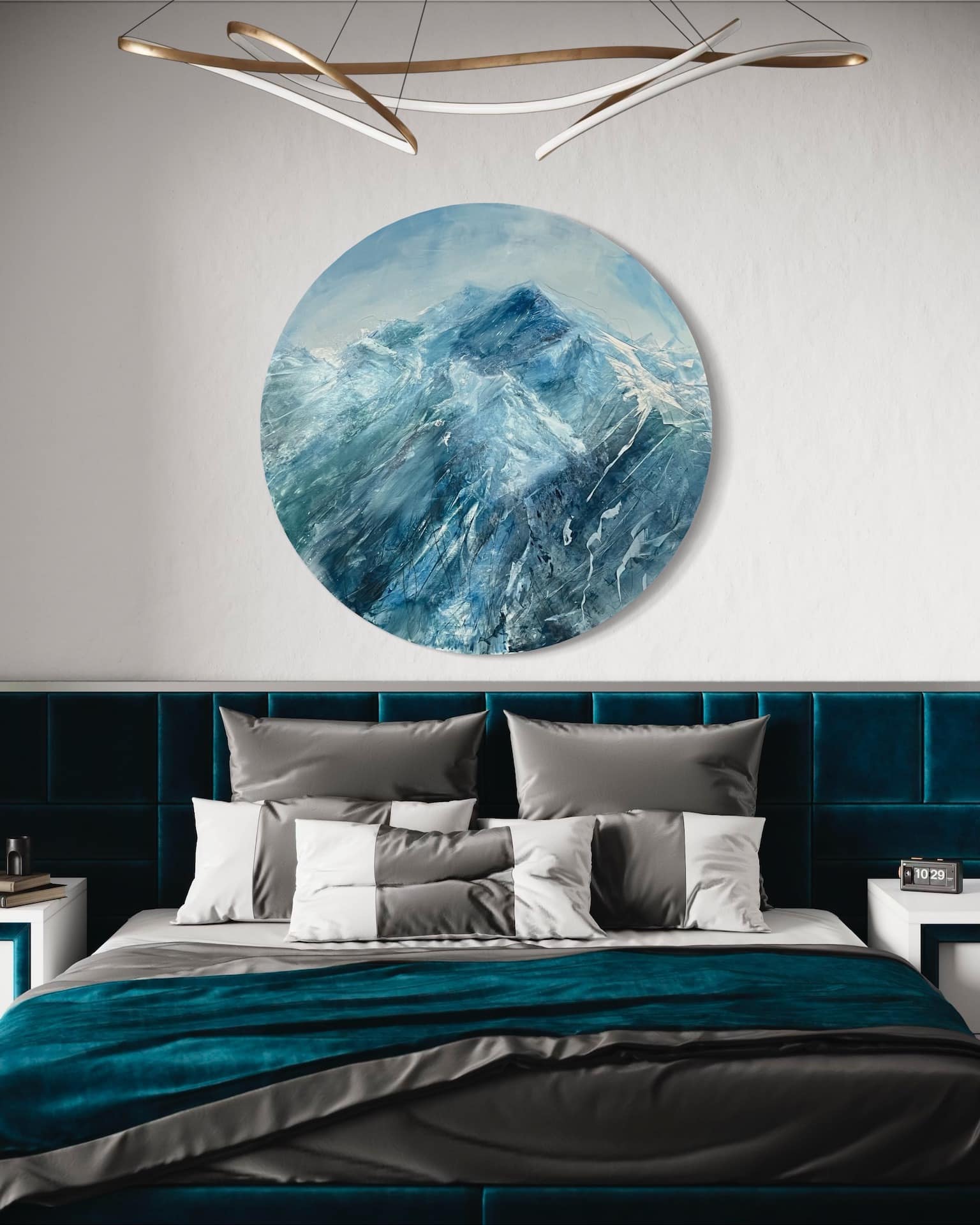 A contemporary mountain oil painting, oil on a circular brushed aluminum panel, by artist Cynthia McLoughlin