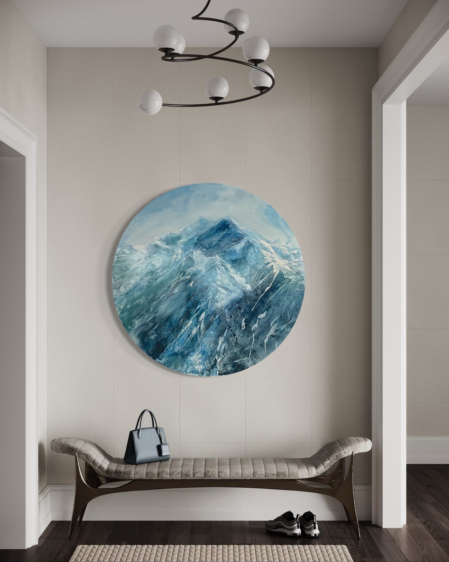 A contemporary mountain oil painting, oil on a circular brushed aluminum panel, by artist Cynthia McLoughlin