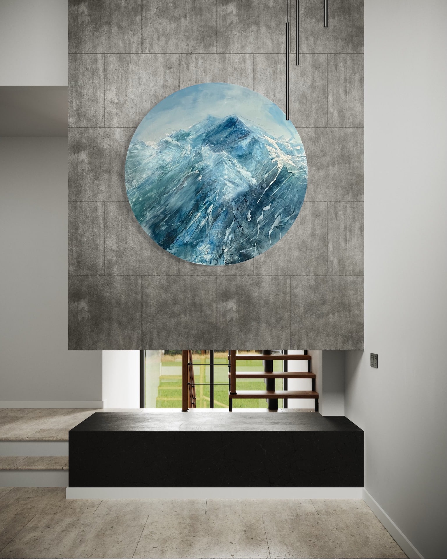 A contemporary mountain oil painting, oil on a circular brushed aluminum panel, by artist Cynthia McLoughlin