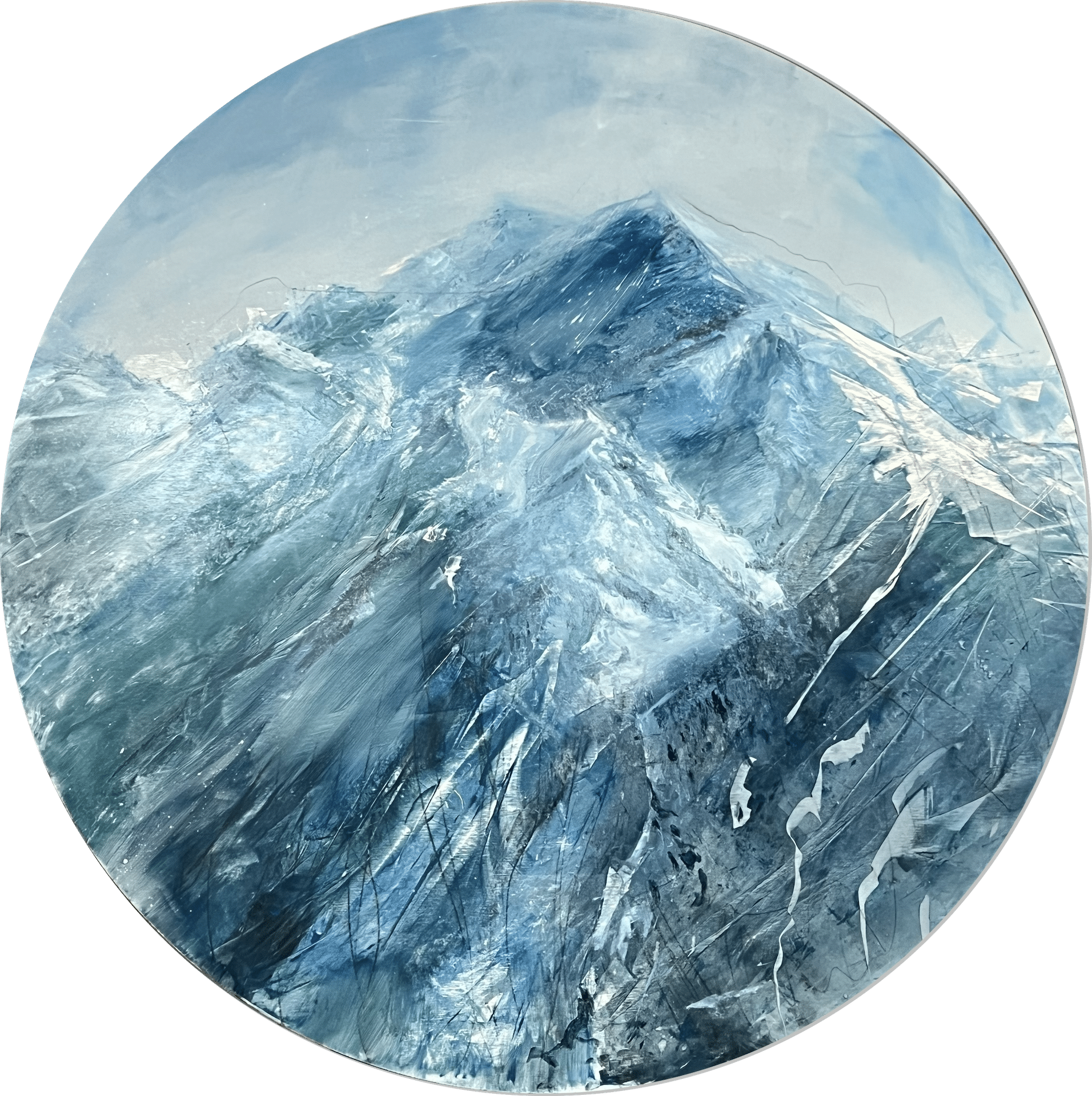 A contemporary mountain oil painting, oil on a circular brushed aluminum panel, by artist Cynthia McLoughlin