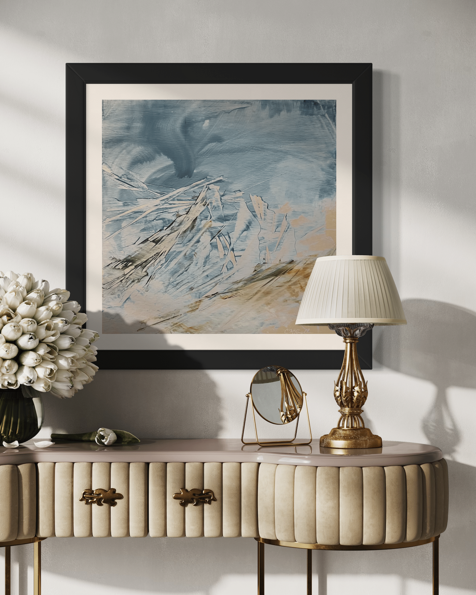 A contemporary mountain oil painting on metal panel by artist Cynthia McLoughlin