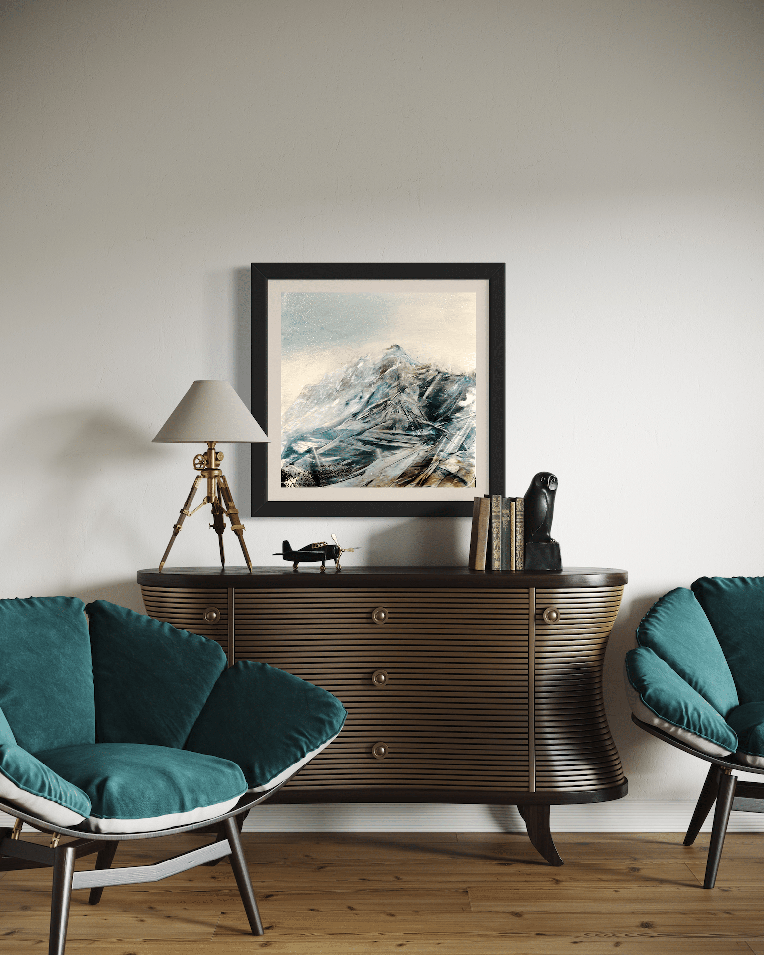 A contemporary mountain oil painting on metal panel by artist Cynthia McLoughlin