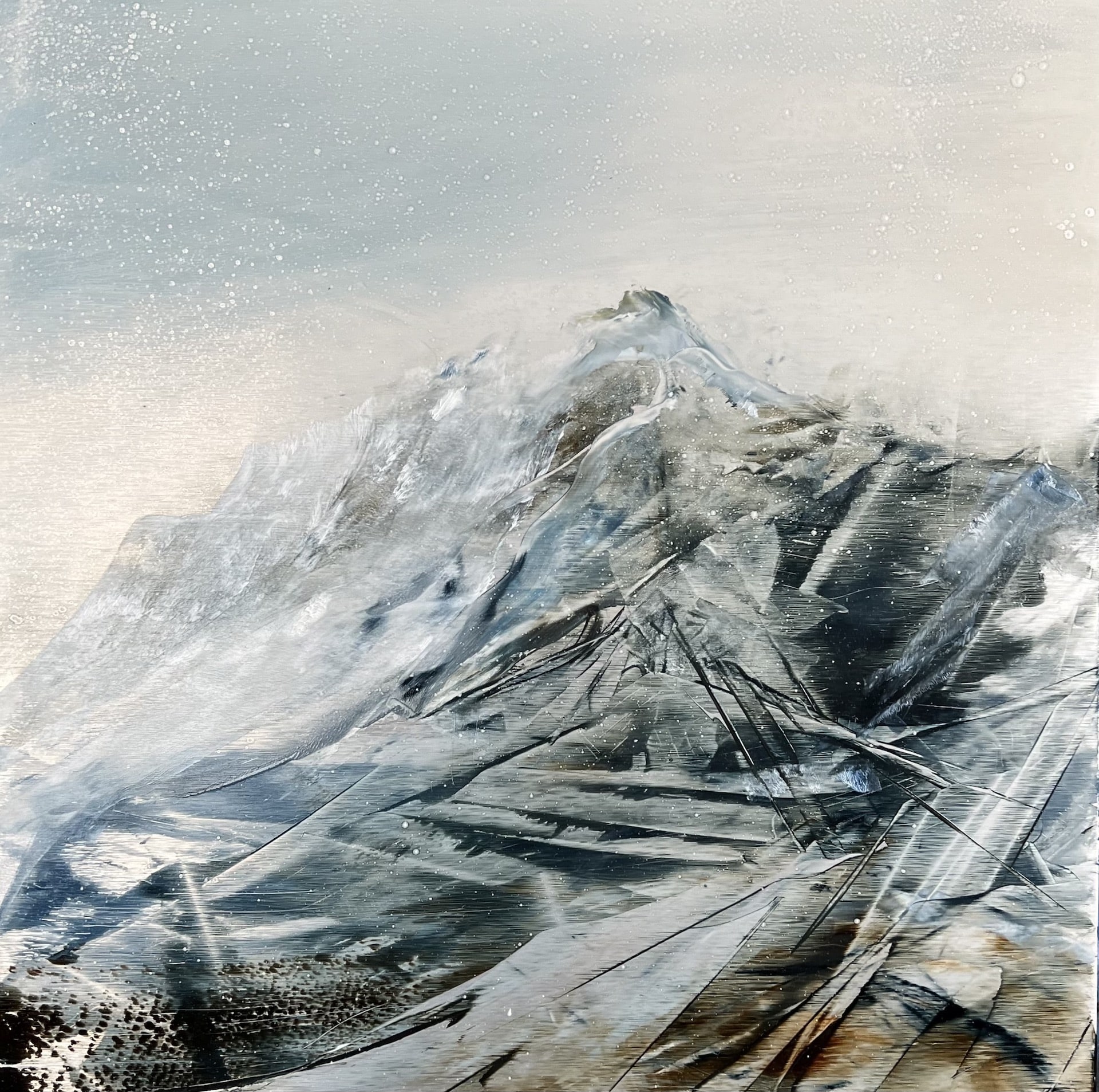 A contemporary mountain oil painting on metal panel by artist Cynthia McLoughlin