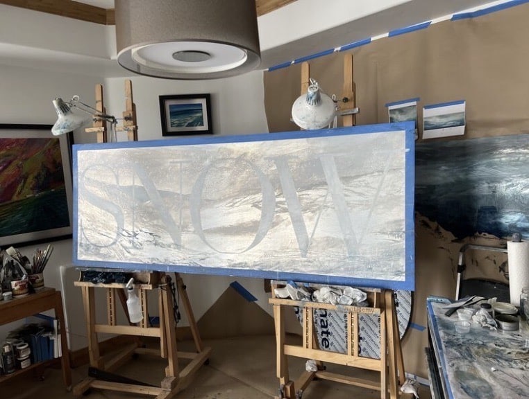 A contemporary mountain/storm oil painting with the word, "SNOW" scripted under the horizontal snow scene. Oil on brushed aluminum panel, by artist Cynthia McLoughlin