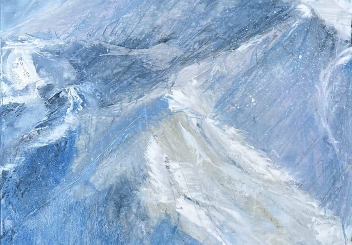A contemporary mountain oil painting on metal panel by artist Cynthia McLoughlin