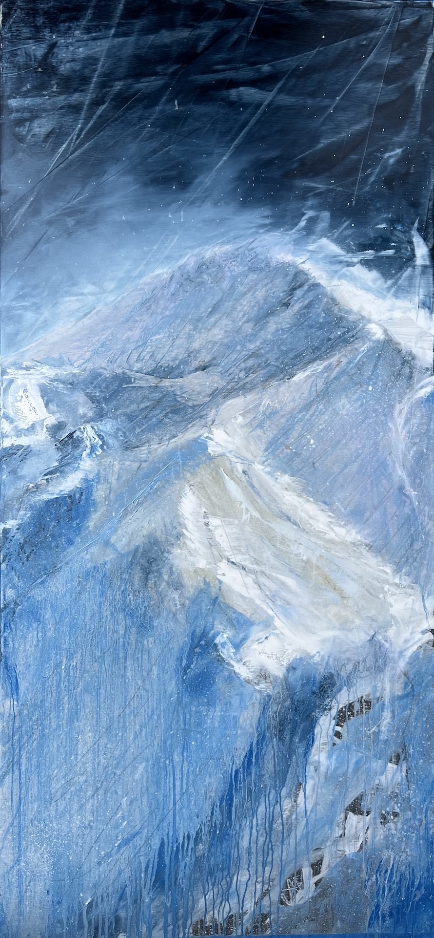 A contemporary mountain oil painting on metal panel by artist Cynthia McLoughlin
