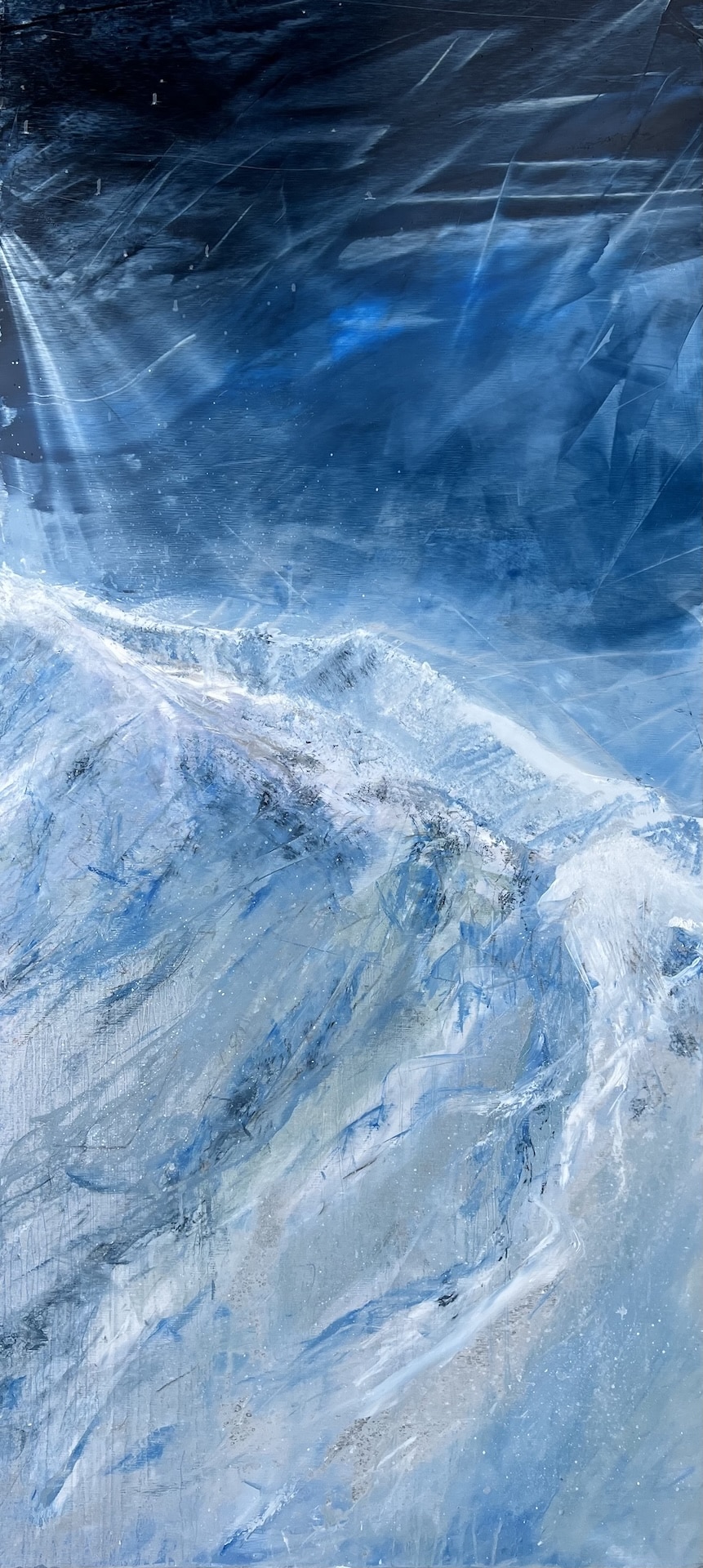 A contemporary mountain oil painting on metal panel by artist Cynthia McLoughlin