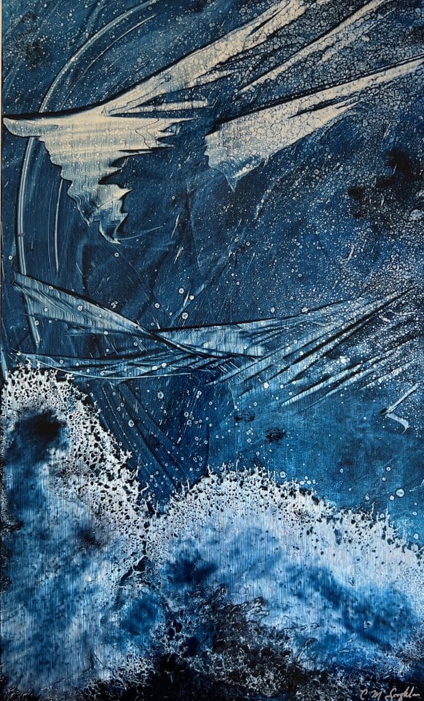 A contemporary abstract oil painting on metal panel by artist Cynthia McLoughlin