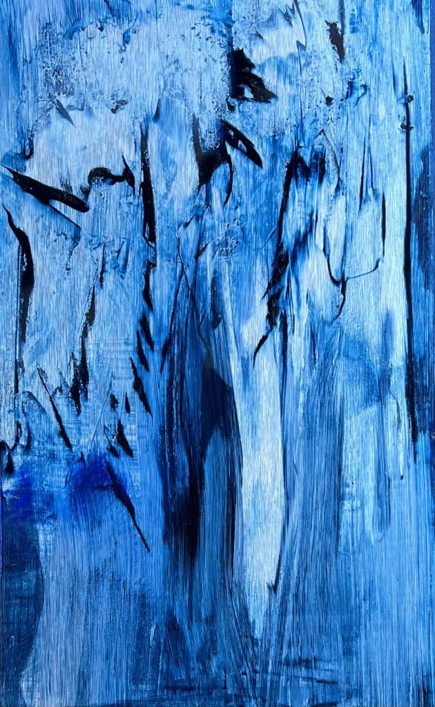 A contemporary abstract oil painting on metal panel by artist Cynthia McLoughlin