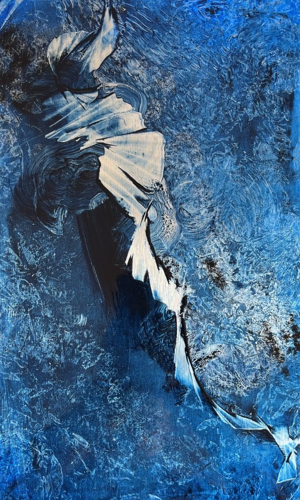A contemporary abstract oil painting on metal panel by artist Cynthia McLoughlin