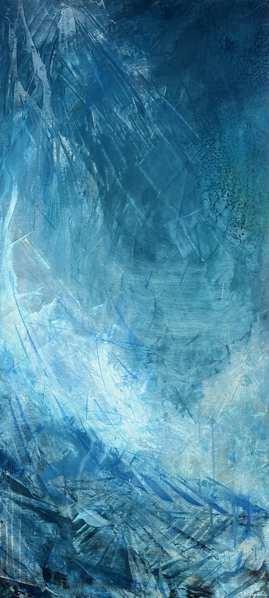 Abstract landscape painting with luminous layers of cool blues and silvery whites, suggesting the first light of dawn rising over distant mountains. Vertical strokes and soft gradients evoke a sense of upward movement and quiet anticipation.