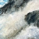 Rightmost panel of the "Ascent" triptych, with ethereal tones of pale blue, silver, and hints of gold. Fluid, layered marks suggest the culmination of a journey, as light breaks through mist and the landscape opens to a tranquil expansive sky.