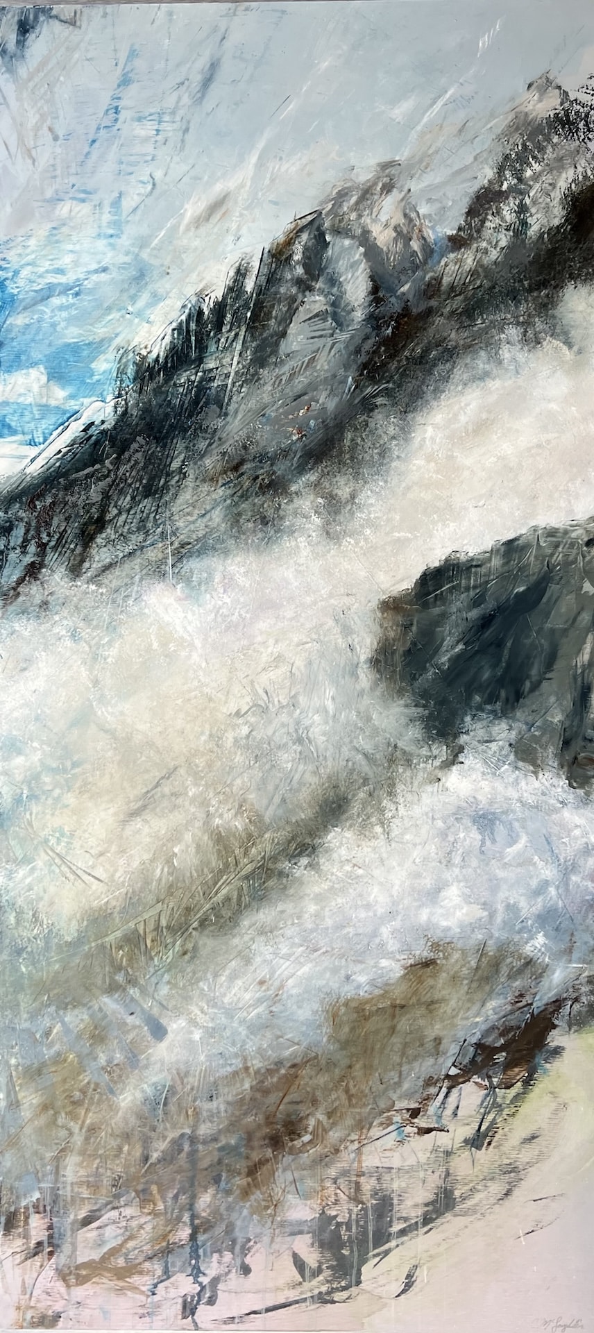 Rightmost panel of the "Ascent" triptych, with ethereal tones of pale blue, silver, and hints of gold. Fluid, layered marks suggest the culmination of a journey, as light breaks through mist and the landscape opens to a tranquil expansive sky.