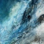 Central panel of an abstract triptych, featuring a dynamic interplay of light and shadow. shimmering metallic textures and sweeping brushwork create the impression of clouds parting above a mountain ridge, capturing the energy of ascent and transformation.