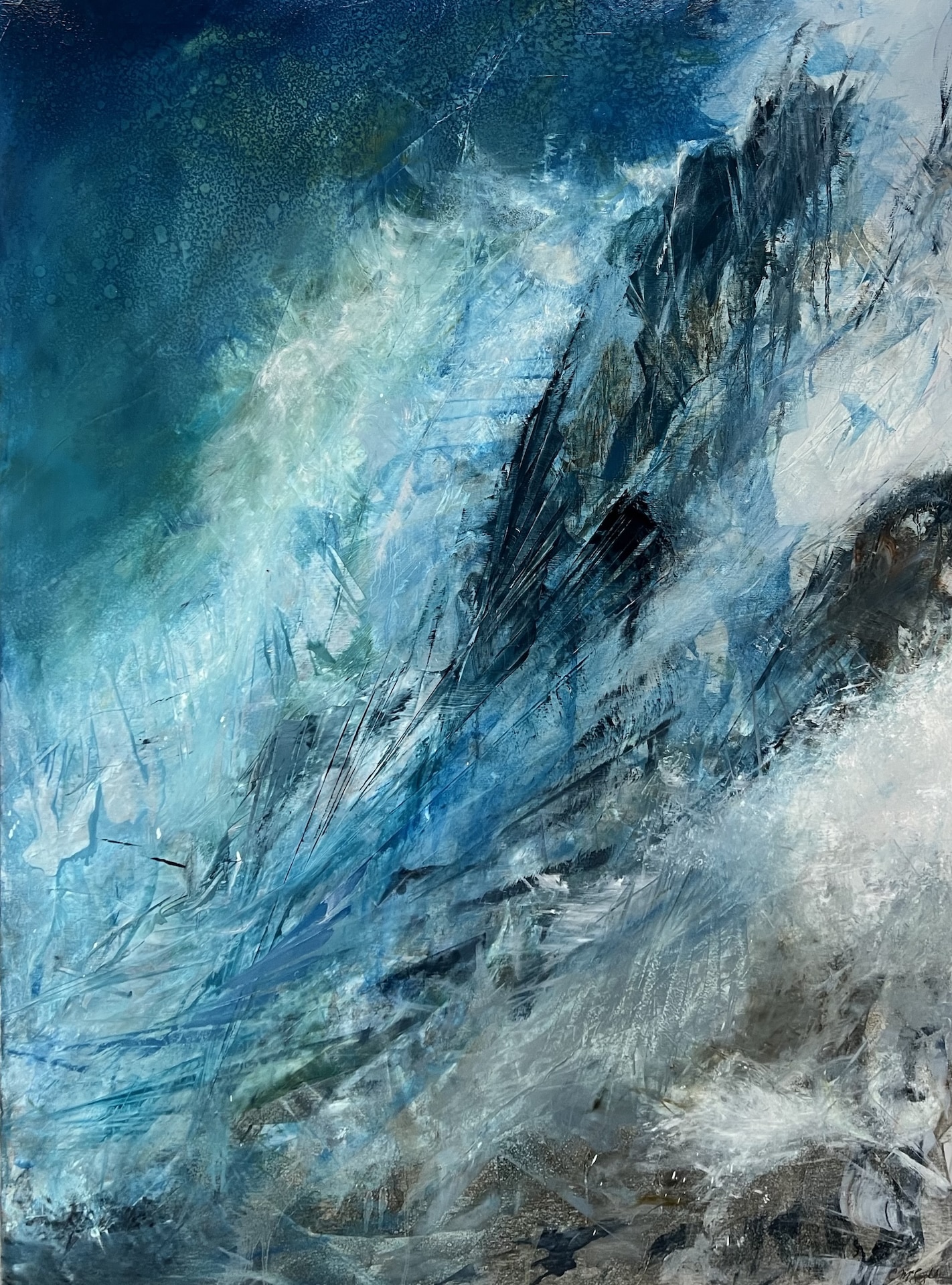 Central panel of an abstract triptych, featuring a dynamic interplay of light and shadow. shimmering metallic textures and sweeping brushwork create the impression of clouds parting above a mountain ridge, capturing the energy of ascent and transformation.