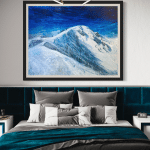 An incredible mountain painting of Jupiter Peak, the iconic double black diamond ski run at the Park City Mountain Resort, in a cozy bedroom scene.