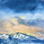 "Last Run" original oil painting, 28" x 28" on brushed aluminum panel. Close-up of contemporary mountain landscape art showing thick texture, impasto brushwork, and expressive strokes of indigo, blue, and golden yellow reflecting light.